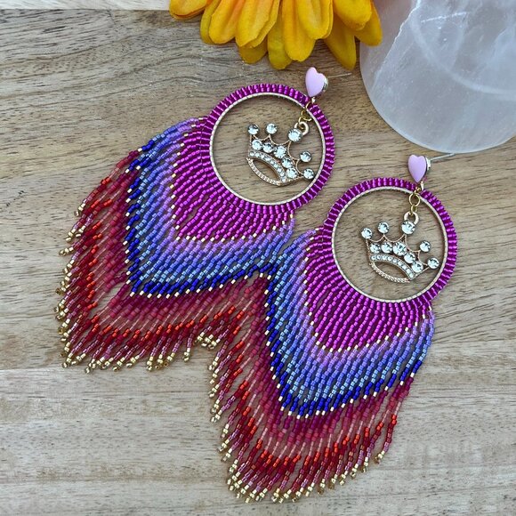 Handmade Beaded Queen Long Fringe Dangle Drop Lightweight Post Hoop Earrings Wow - Picture 5 of 9